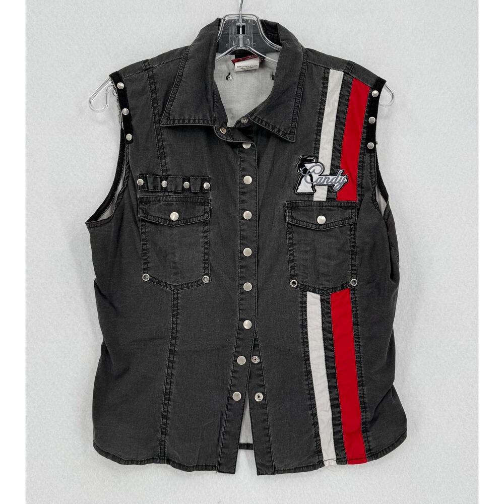 Vintage Lip Service Dark Gray Denim Candy Patch Fitted Biker Vest Sz XL